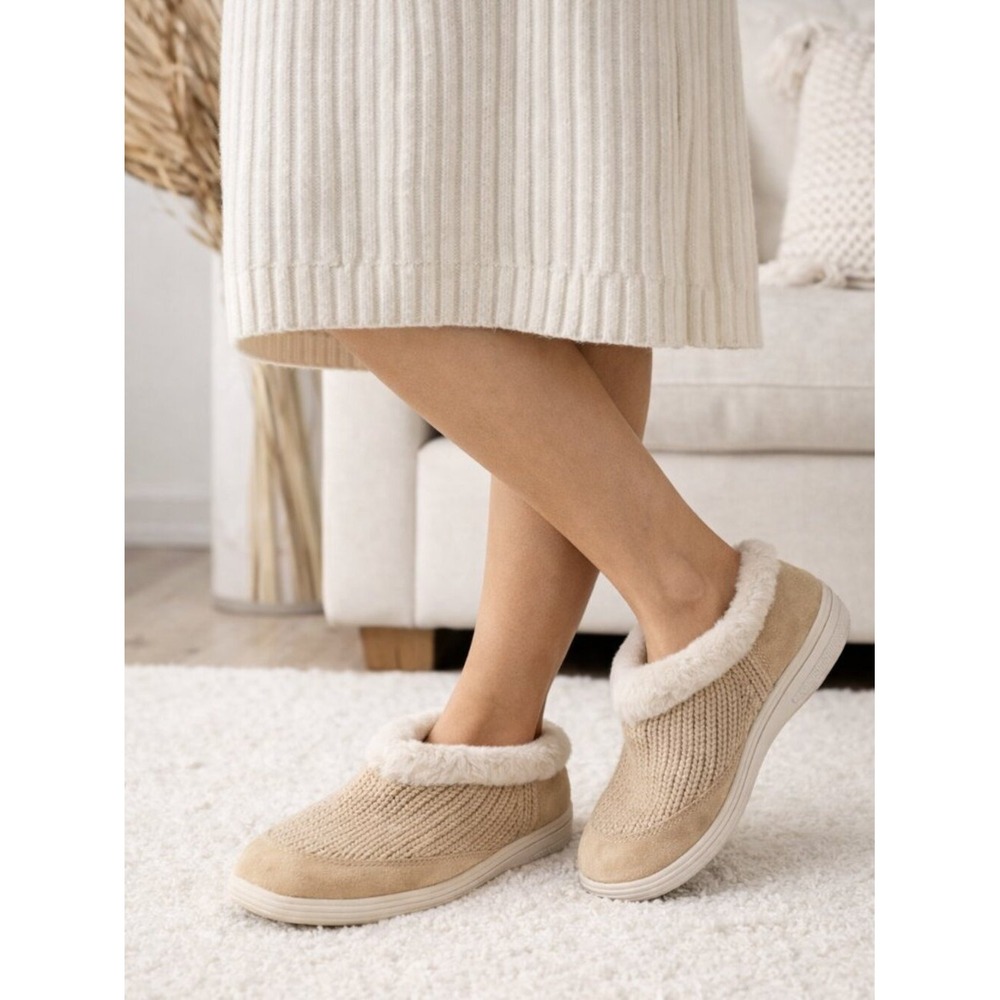 Propet W1021 Cush n Foot Tan Suede Cable Knit Faux Fur Slippers Mens 7 M‎